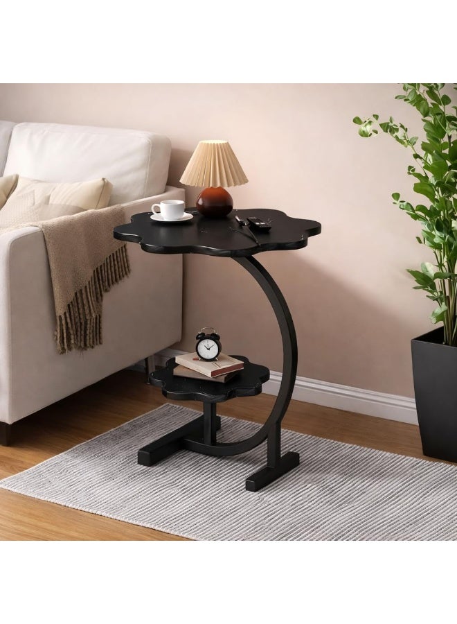 Floral Sofa Side Table Double Layer Design Compact Space Saving End Table With Stable Structure Durable Hard Material Easy Move Furniture For Living Room Bedroom Couch Use (Black) - Image 3